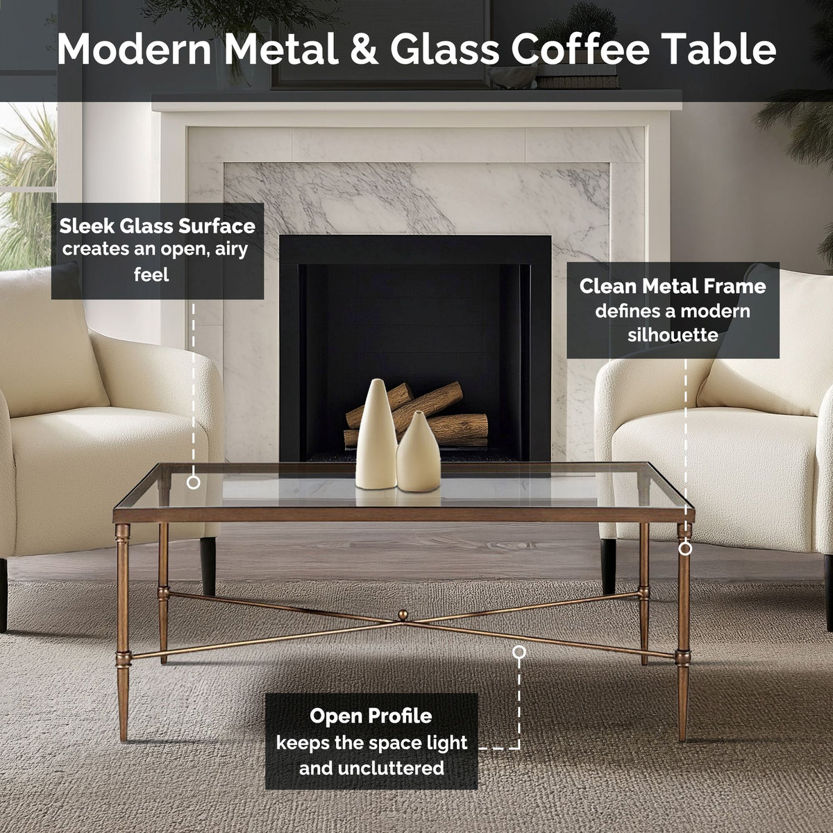 Porter Rectangular Metal & Glass Coffee Table - Bronze