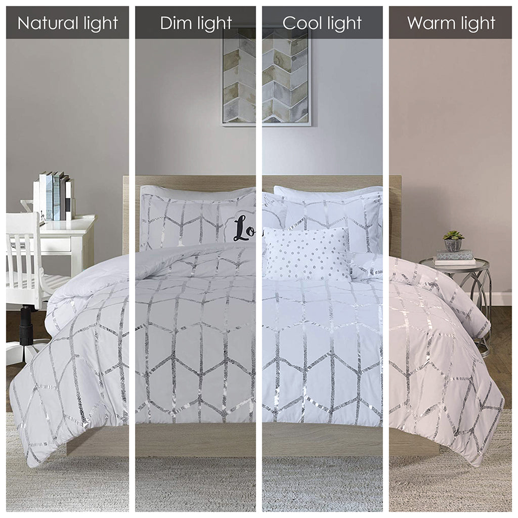 Raina Metallic Printed Comforter Set - White/Silver