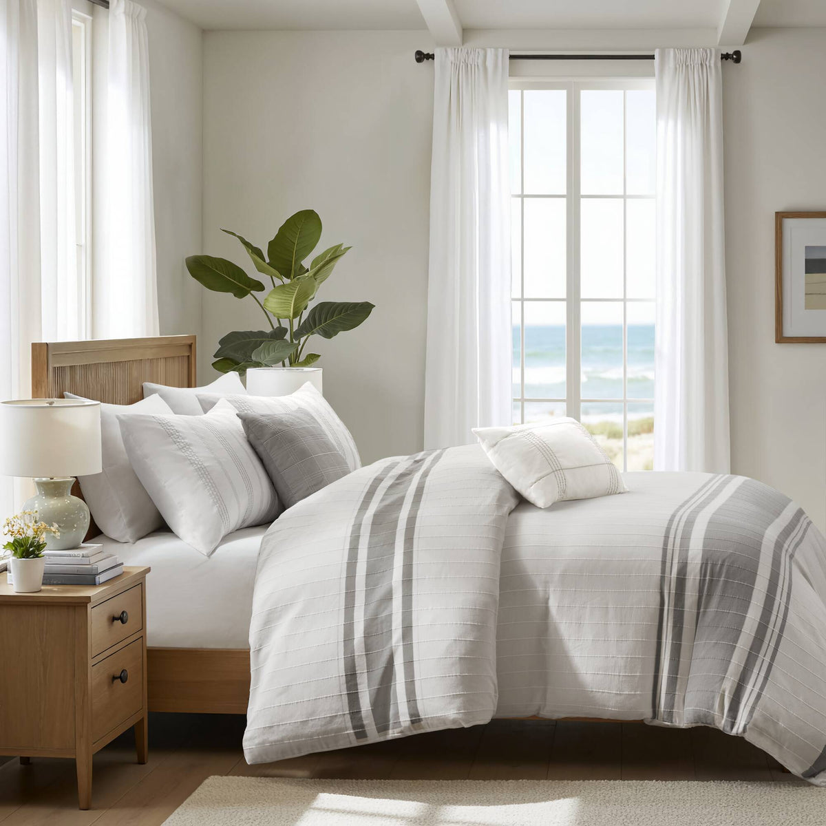 Morgan 5 Piece Cotton Jaquard Duvet Set - White/Grey