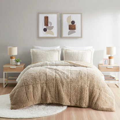 Brielle Ombre Shaggy Long Fur Comforter Mini Set - Natural