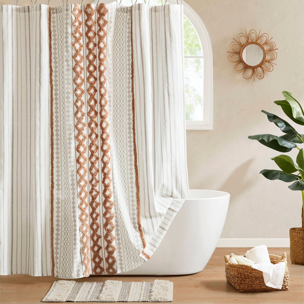 Imani Cotton Printed Shower Curtain with Chenille - Rose Clay