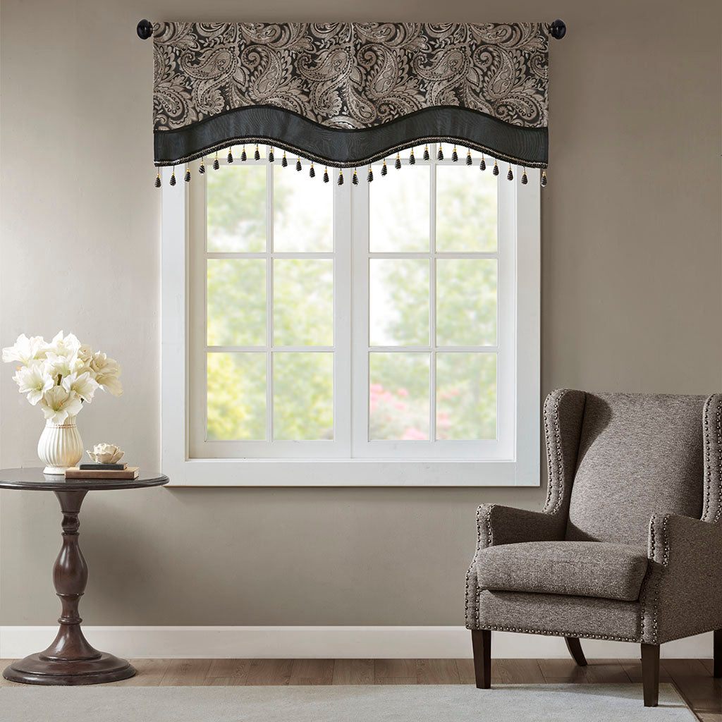 Aubrey Jacquard Window Rod Pocket Valance With Beads - Black