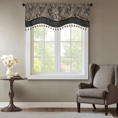 Aubrey Jacquard Window Rod Pocket Valance With Beads - Black