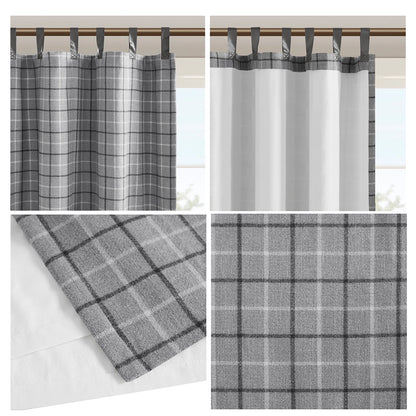 Anaheim Plaid Faux Leather Tab Top Curtain Panel with Fleece Lining - Grey