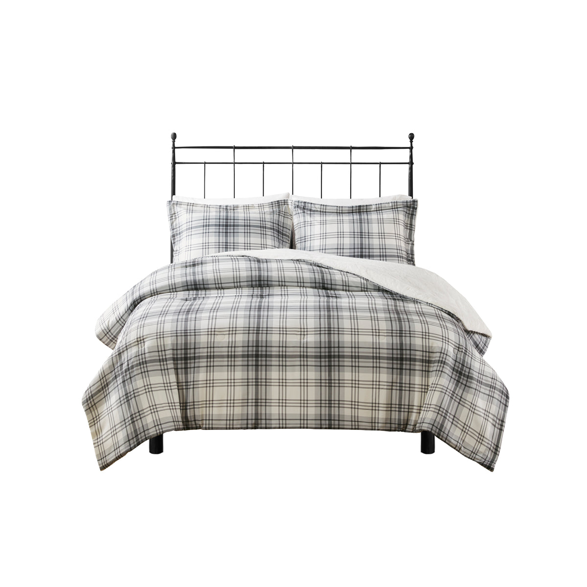 Bernston Faux Wool to Faux Fur Down Alternative Comforter Set - Gray Plaid
