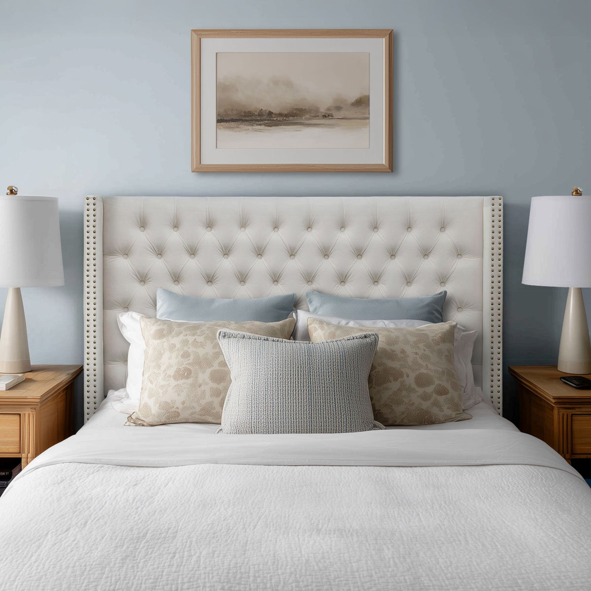 Amelia Upholstered Wingback Headboard with Button Tufting & Nailhead Trim - Beige Velvet
