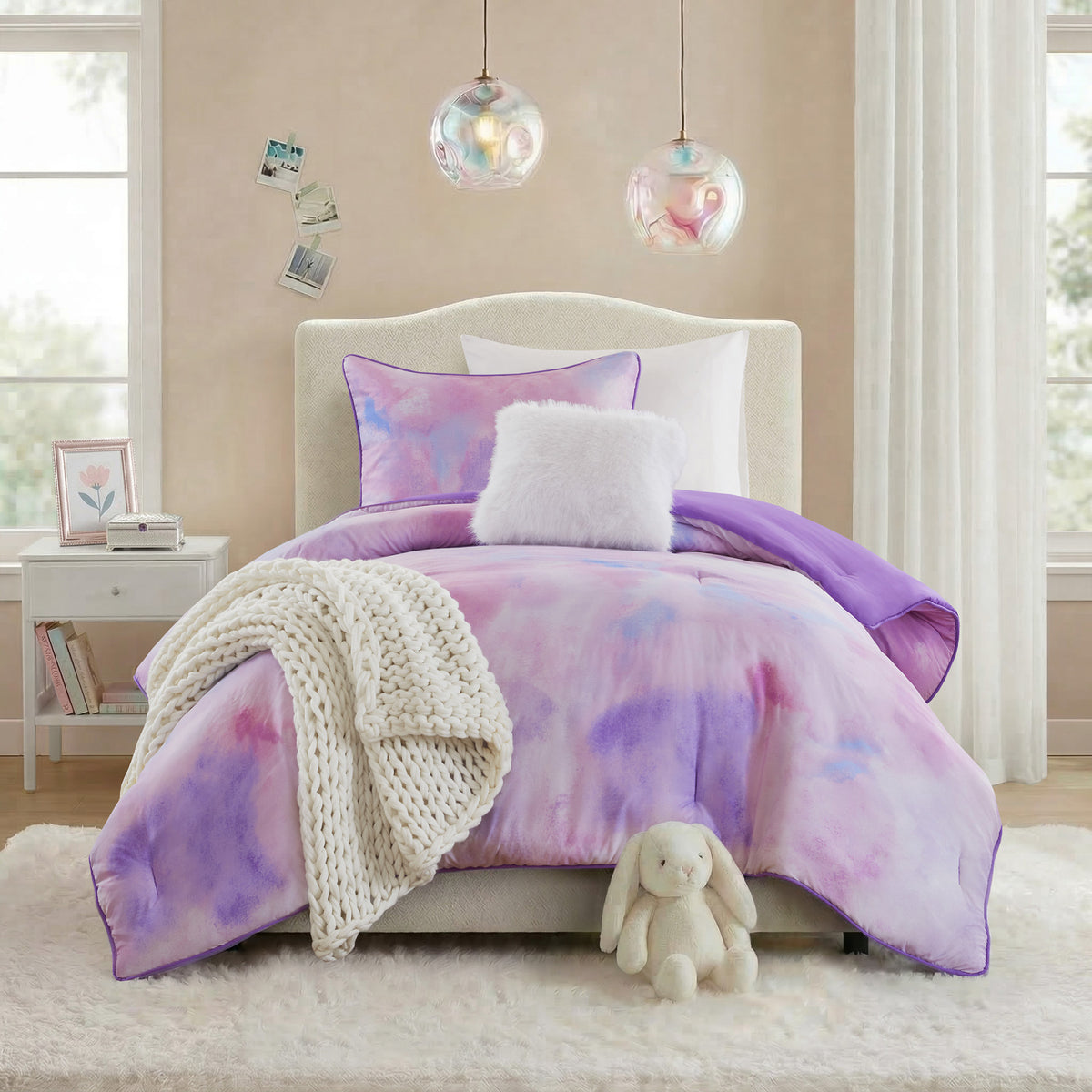 Cassiopeia Watercolor Tie Dye Printed Comforter Set with Throw Pillow - Purple