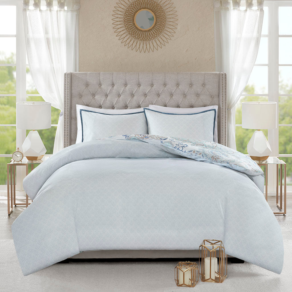 Isla 3 Piece Cotton Floral Printed Reversible Duvet Cover Set - Blue