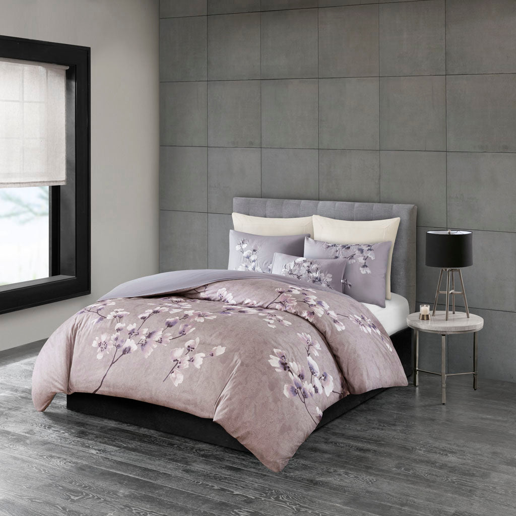 Sakura Blossom 3 Piece Cotton Sateen Printed Duvet Cover Set - Lilac