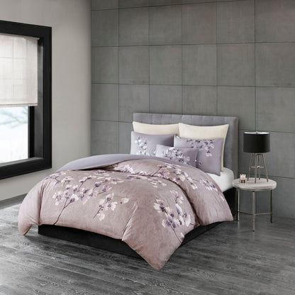 Sakura Blossom 3 Piece Cotton Sateen Printed Duvet Cover Set - Lilac