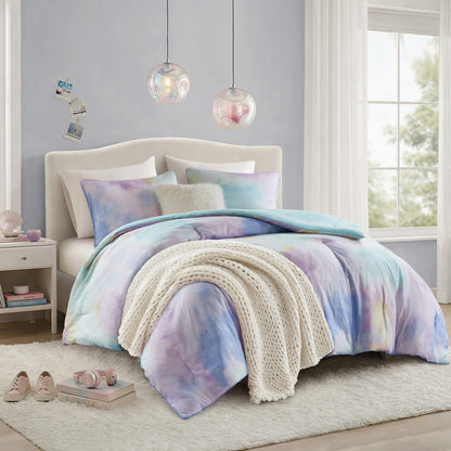 Cassiopeia Watercolor Tie Dye Printed Comforter Set with Throw Pillow - Aqua