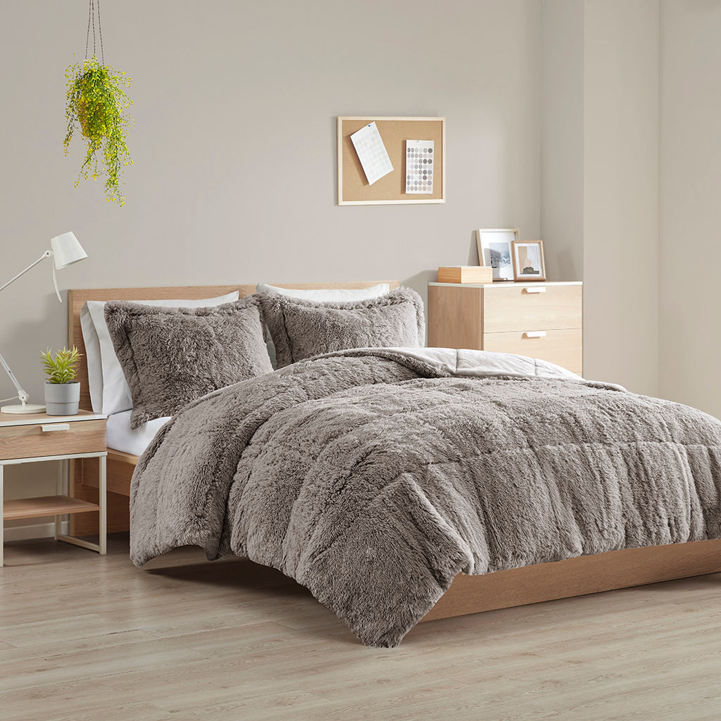 Malea Shaggy Faux Fur Comforter Mini Set - Grey