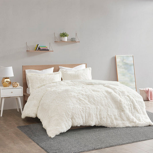 Malea Shaggy Fur Duvet Cover Set - Ivory