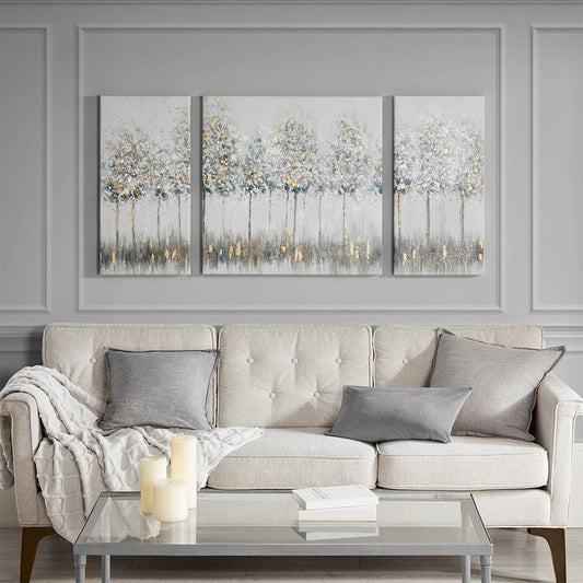 Blue Midst Forest Printed Canvas with Gold Foil 3 Piece Set