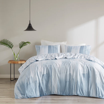 Brush Stroke 3 Piece Oversized Reversible Seersucker Duvet Cover Mini Set - Blue