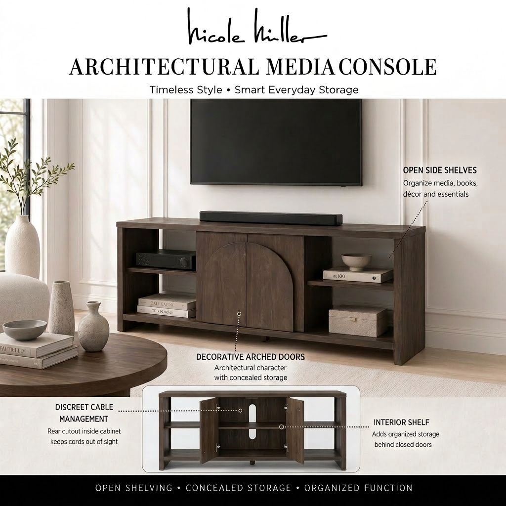 Bellcourt Arch Media Console with Arched Door Storage & Open Shelves - Walnut Brown