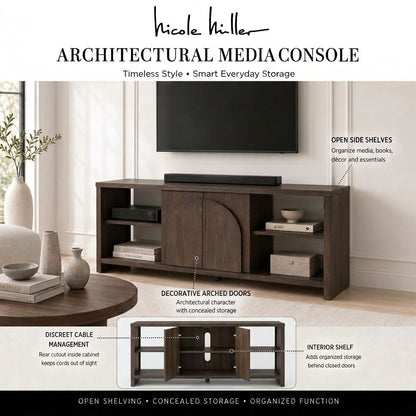 Bellcourt Arch Media Console with Arched Door Storage & Open Shelves - Walnut Brown