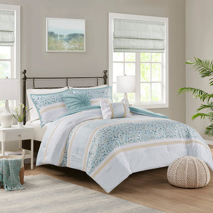 Caralie 5 Piece Seersucker Comforter Set with Throw Pillows - Aqua