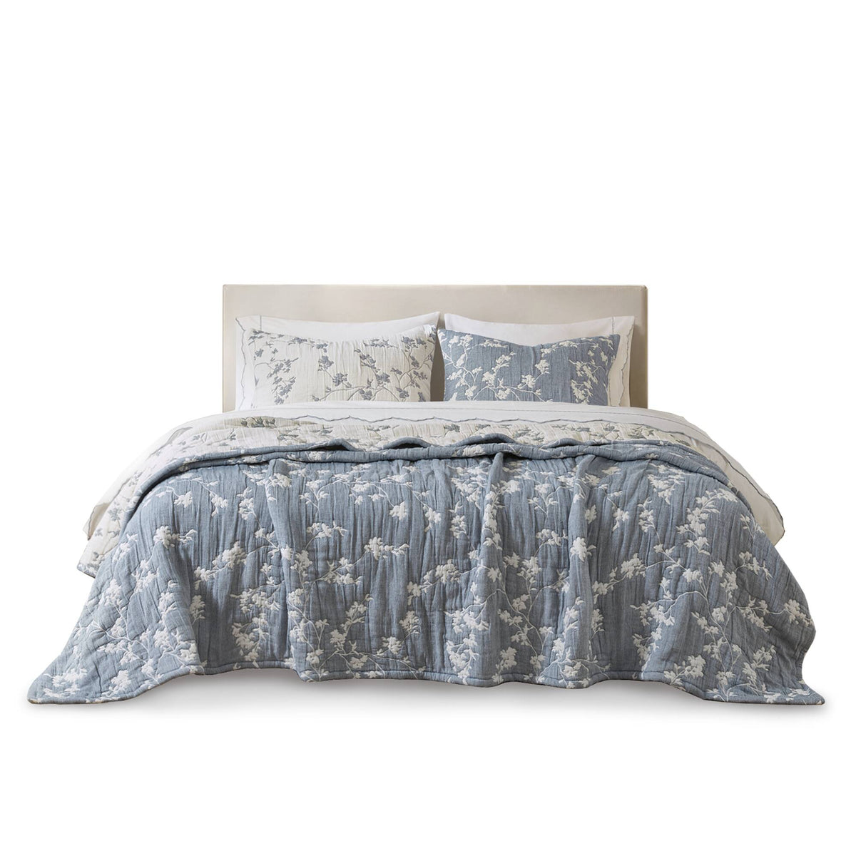 Catalina Botanical 3 Piece Jacquard Cotton Gauze Quilt Set - Navy