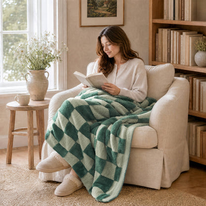 Checkerboard Feathersoft Fur Knit Throw - Green