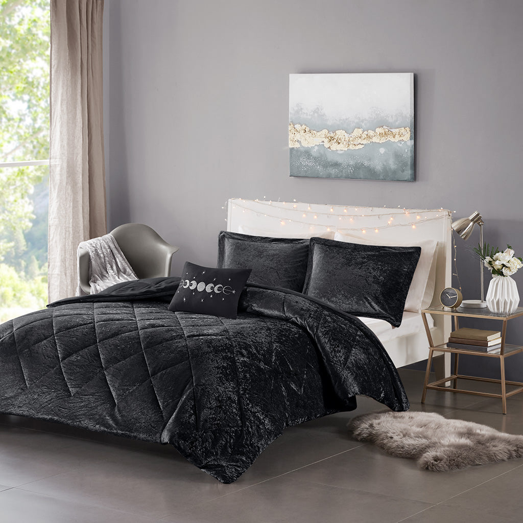 Felicia Velvet Comforter Set with Throw Pillow - Black