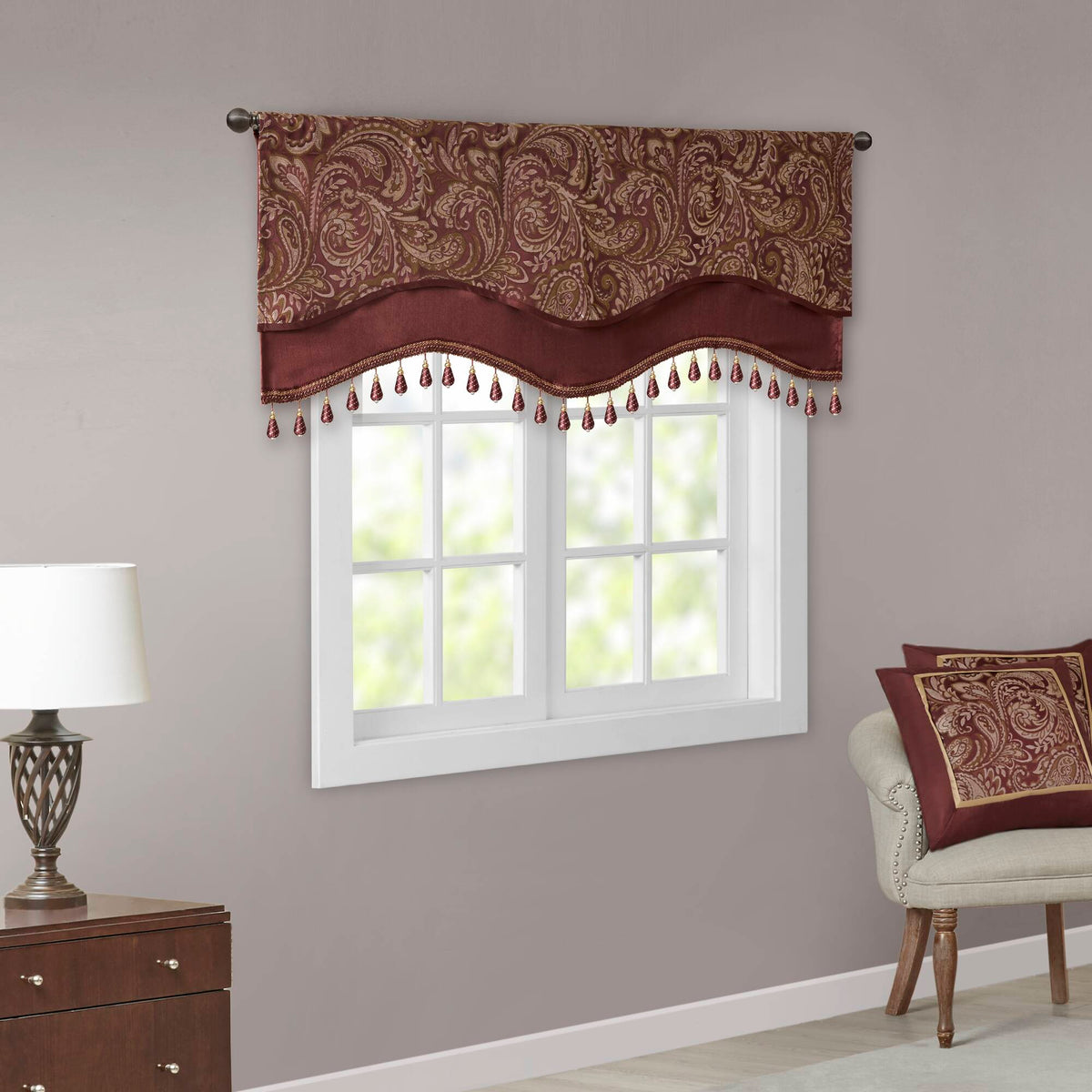 Aubrey Jacquard Window Rod Pocket Valance With Beads - Burgundy