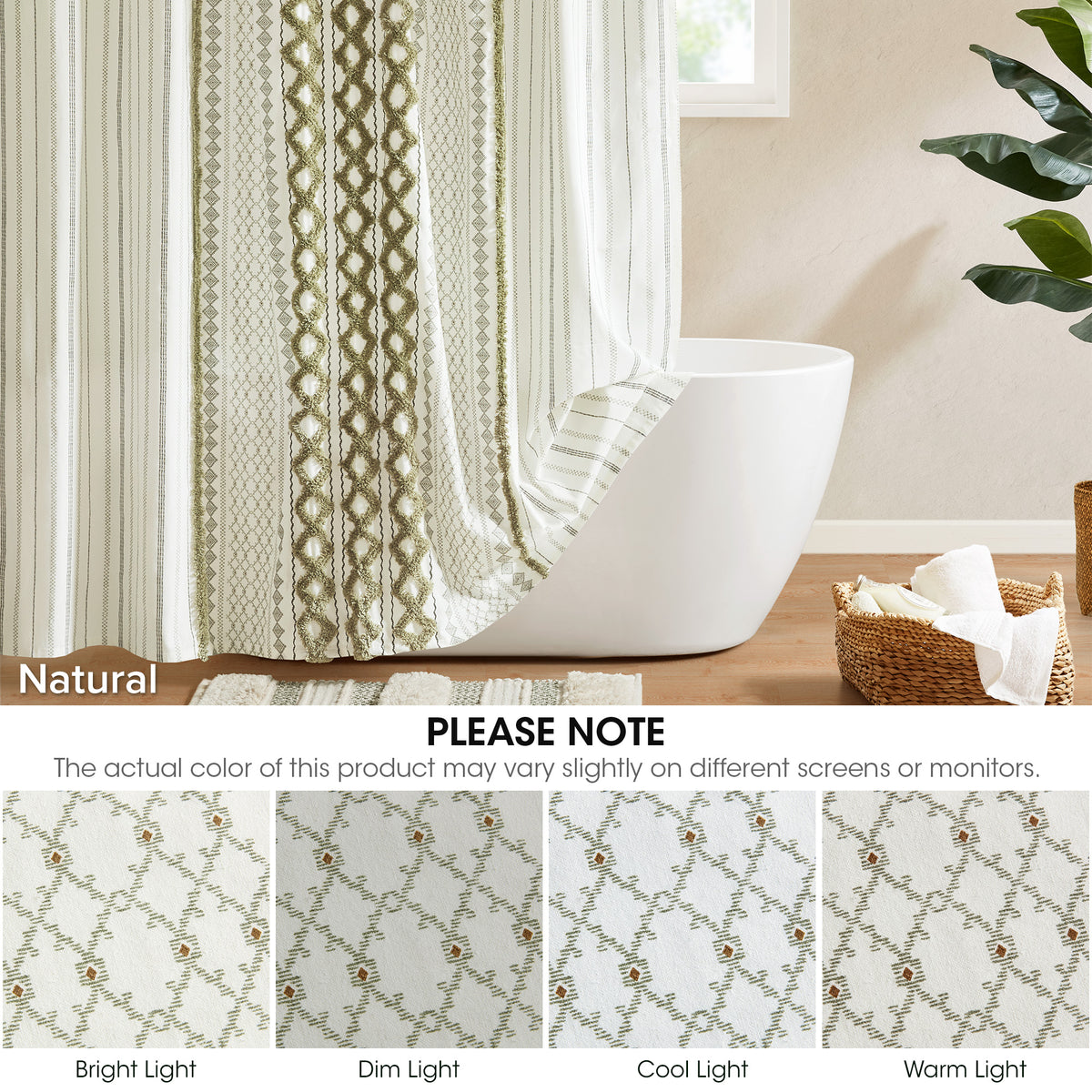 Imani Cotton Printed Shower Curtain with Chenille - Sage