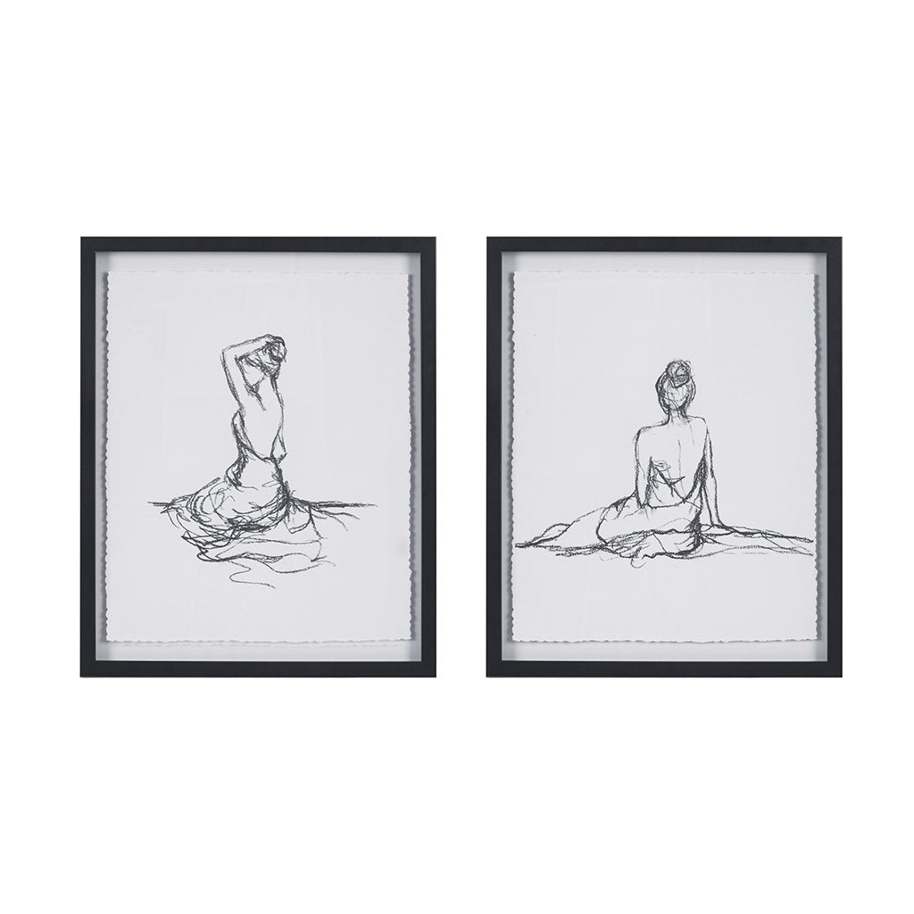 Feminine Figures Sketch 2-piece Framed Glass and Matted Wall Art Set - Black/White