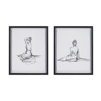 Feminine Figures Sketch 2-piece Framed Glass and Matted Wall Art Set - Black/White