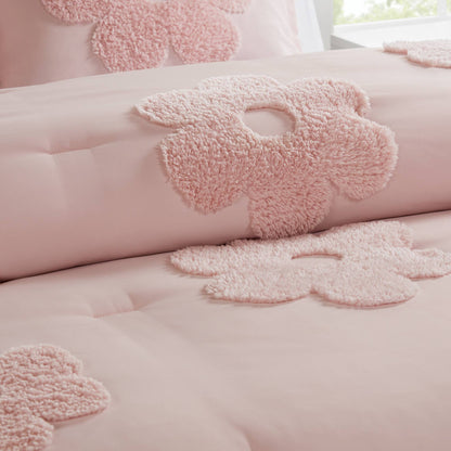 Gracie Floral Reversible Tufted Chenille Comforter Set with Flower Throw Pillow - Pink