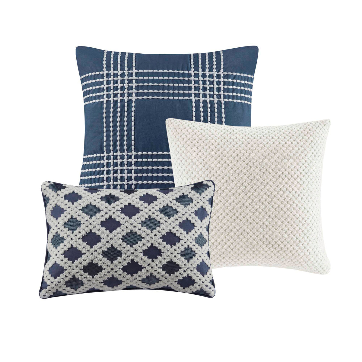 Essence Oversized Cotton Clipped Jacquard Comforter Set with Euro Shams and Throw Pillows - Blue