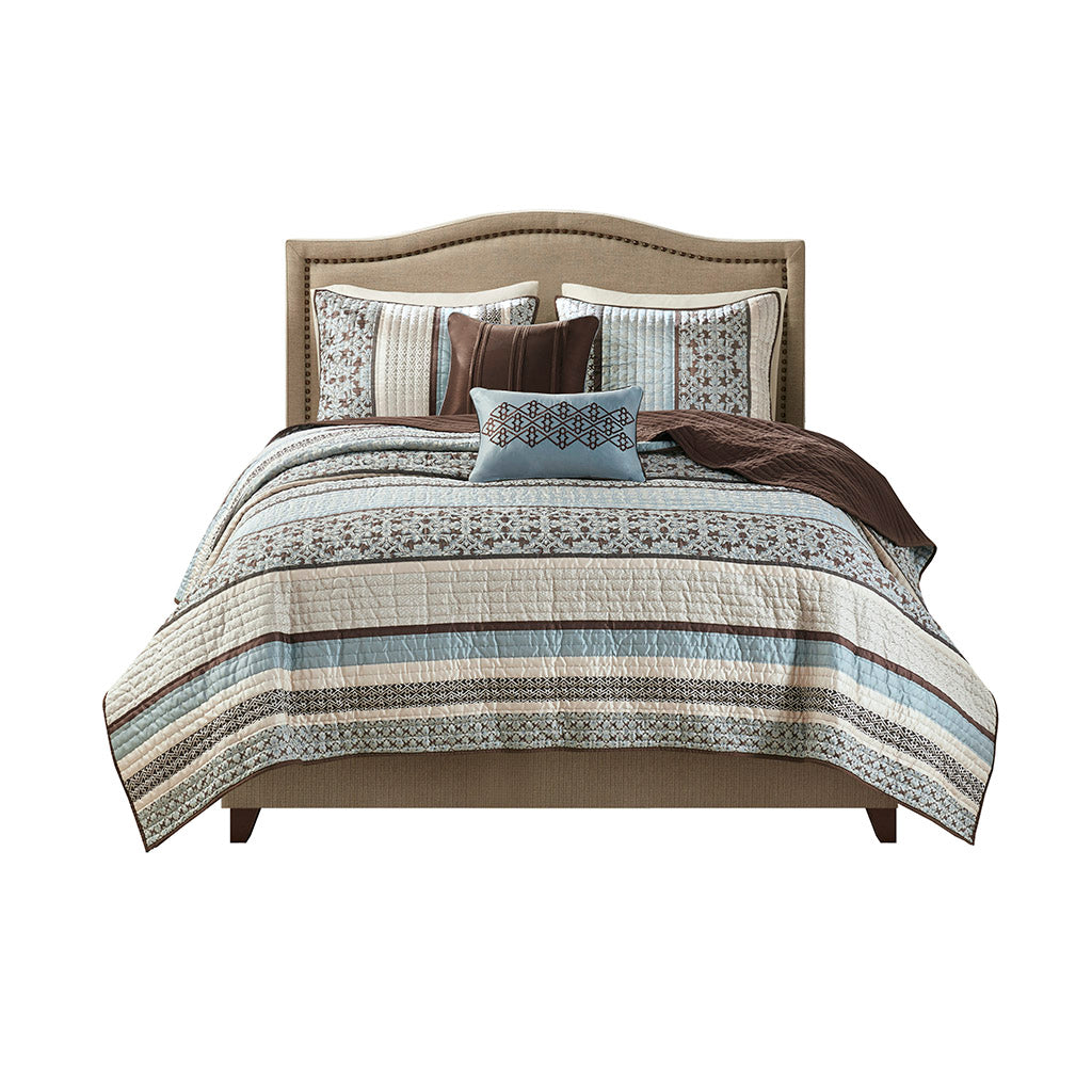 Princeton 5 Piece Jacquard Quilt Set with Throw Pillows - Blue