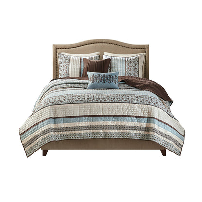 Princeton 5 Piece Jacquard Quilt Set with Throw Pillows - Blue