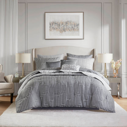 Royce 10 Piece Luxury Jacquard Comforter Set - Grey