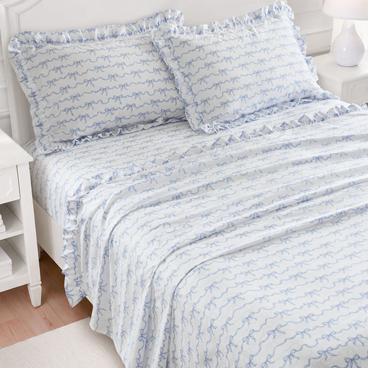 Microfiber Ruffle Sheets - Blue Bow