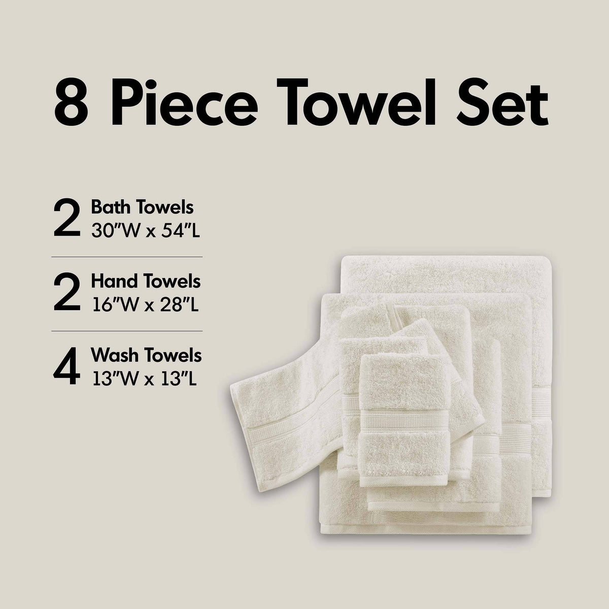 800GSM 100% Cotton 8 Piece Towel Set - Cream