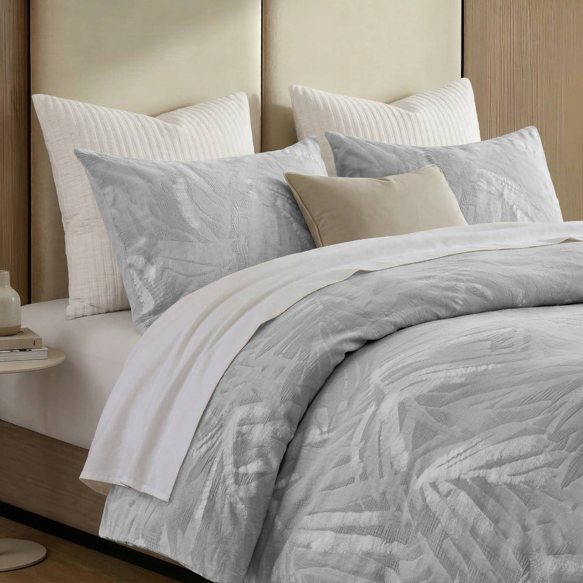 Coastal Leaves 3 Piece 3 Piece Cotton Duvet Set - Light Gray