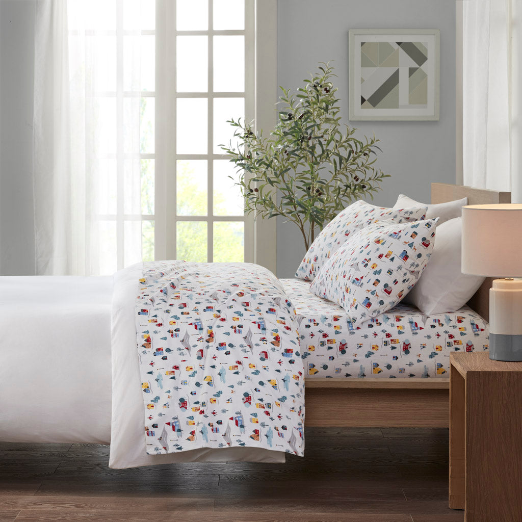 Cozy Cotton Flannel Printed Sheet Set - White Village Print