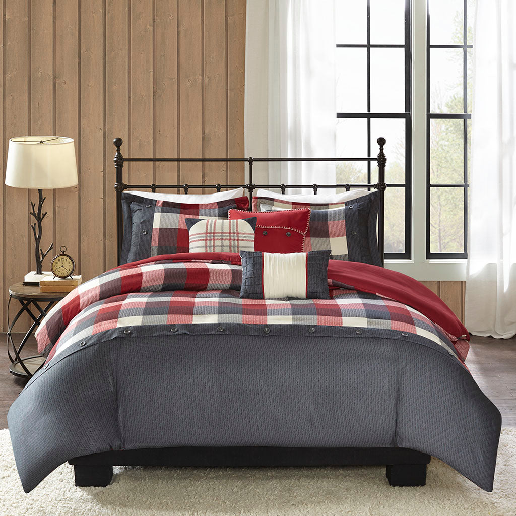 Ridge 6 Piece Herringbone Duvet Cover Set - Red