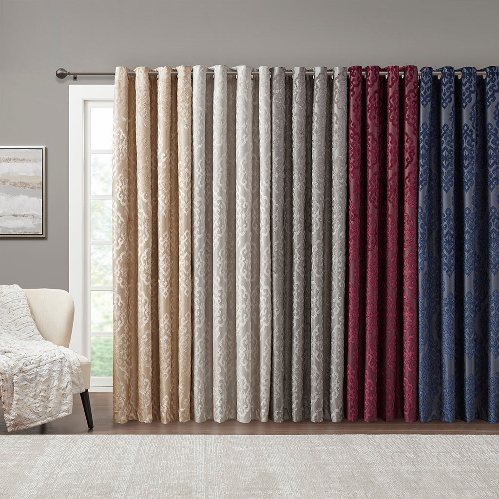 Mirage Knitted Jacquard Damask Total Blackout Grommet Top Curtain Panel - Navy