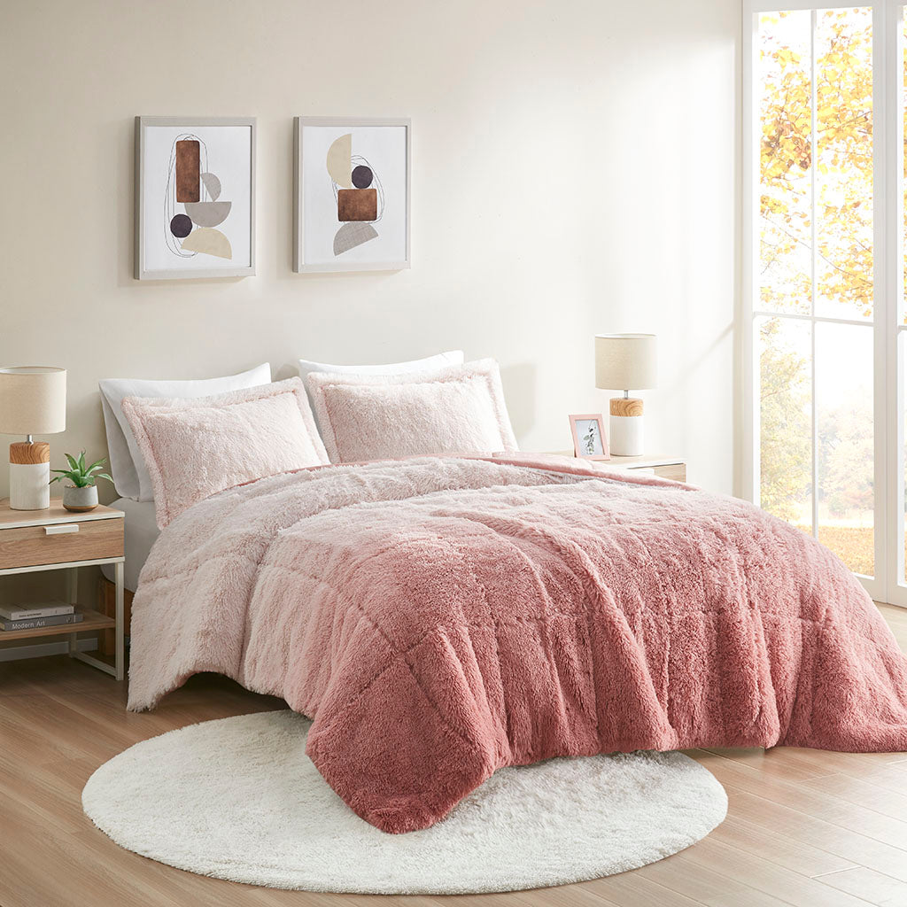 Brielle Ombre Shaggy Long Fur Comforter Mini Set - Blush