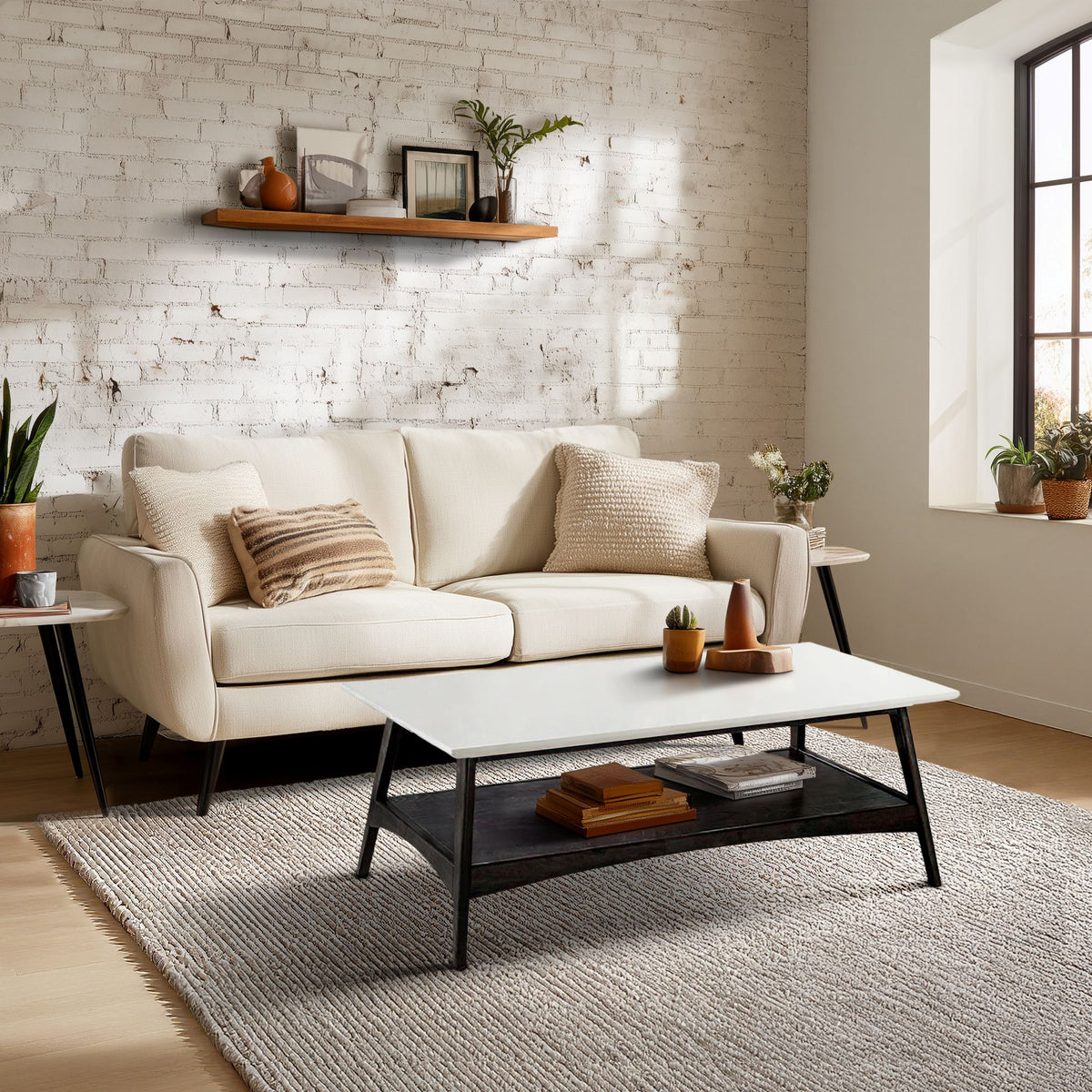 Parker Mid-century Coffee Table with Storage Shelf - Off-White/Black