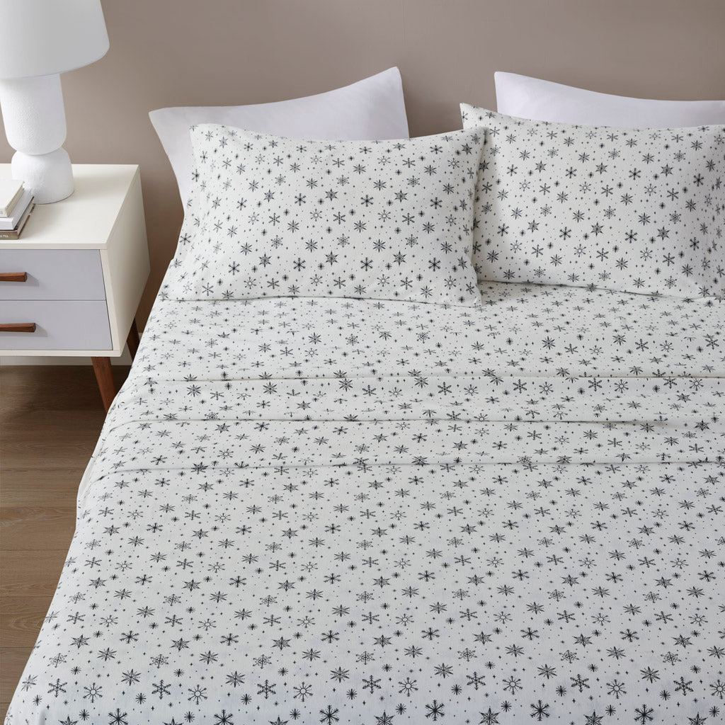 Oversized Cotton Flannel 4 Piece Sheet Set - Black Snowflakes
