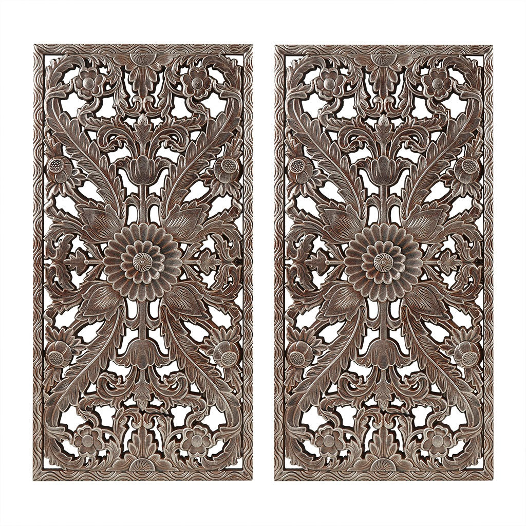 Botanical Panel Distressed Carved Wood 2-piece Wall Decor Set - Bronze