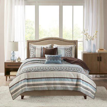 Princeton 5 Piece Jacquard Quilt Set with Throw Pillows - Blue