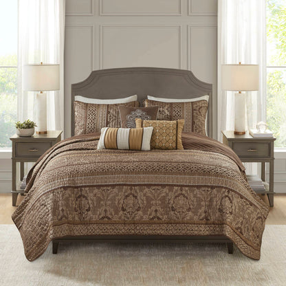 Bellagio 6 Piece Jacquard Quilt Set with Throw Pillows - Brown/Gold