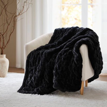Ruched Fur Throw - Black