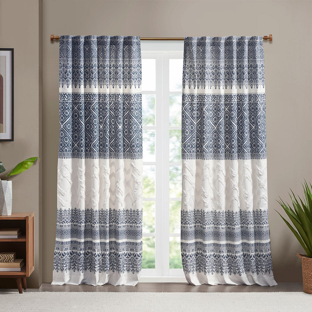 Mila Cotton Printed Curtain Panel with Chenille detail and Lining - Navy