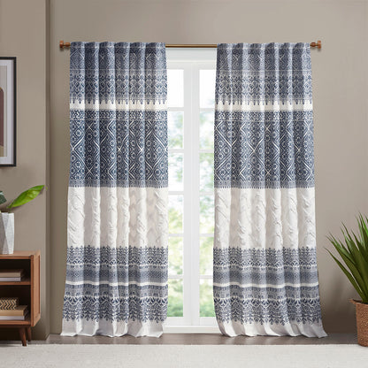 Mila Cotton Printed Curtain Panel with Chenille detail and Lining - Navy