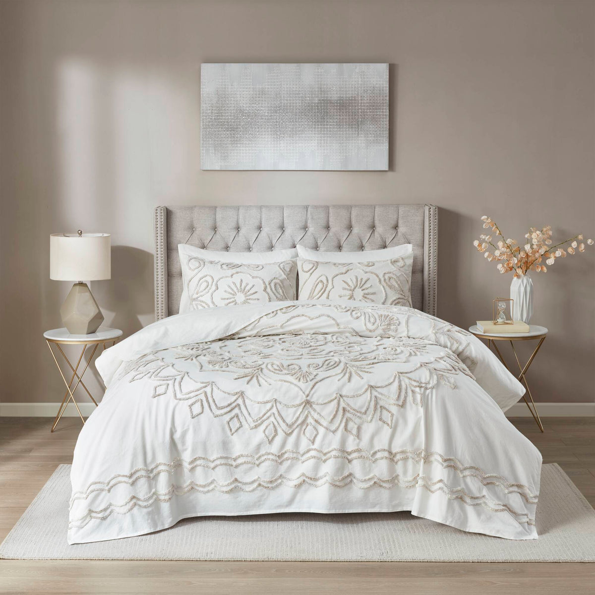Violette 3 Piece Tufted Cotton Chenille  Coverlet Set - Ivory/Taupe
